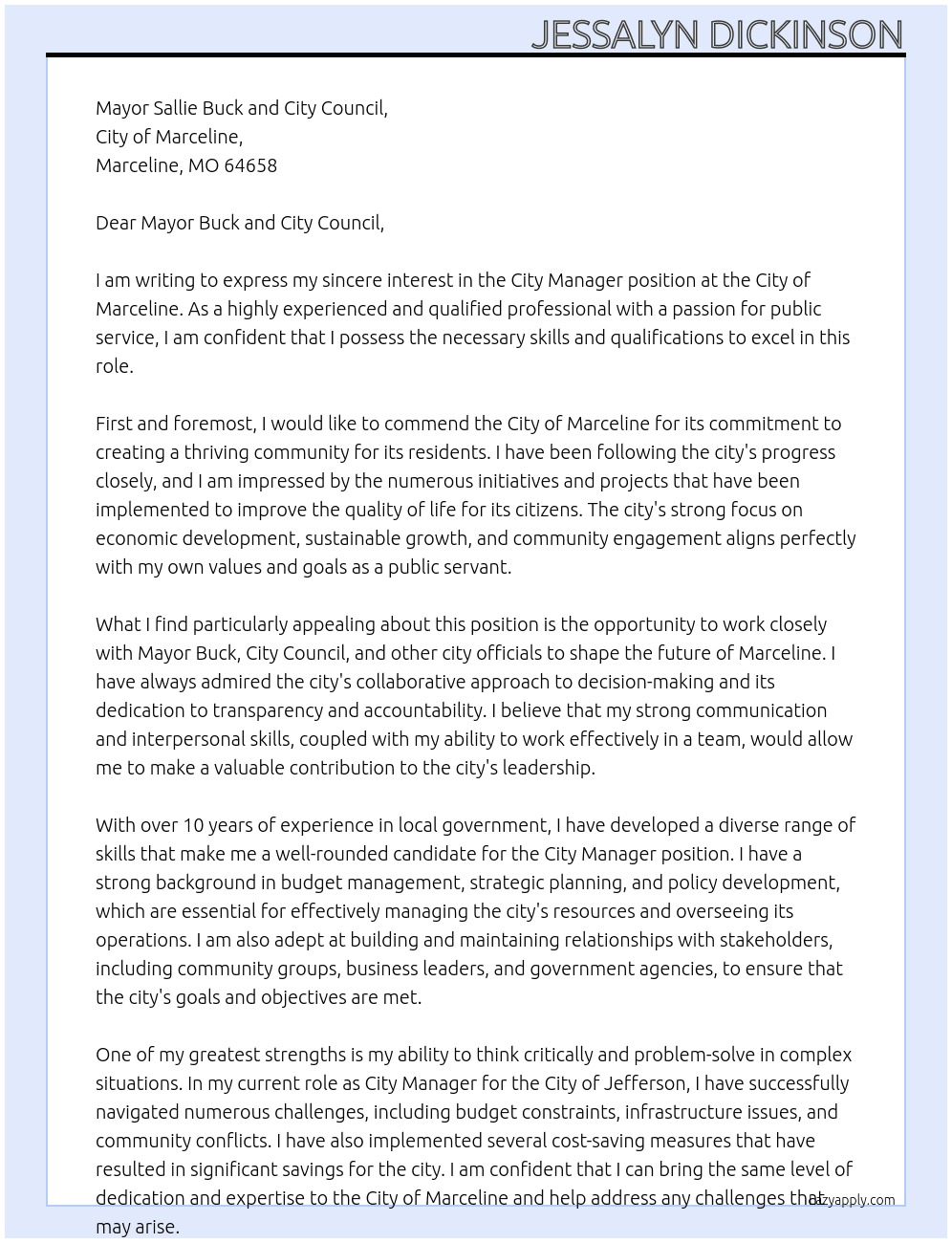 City Manager At City of Marceline Cover Letter
