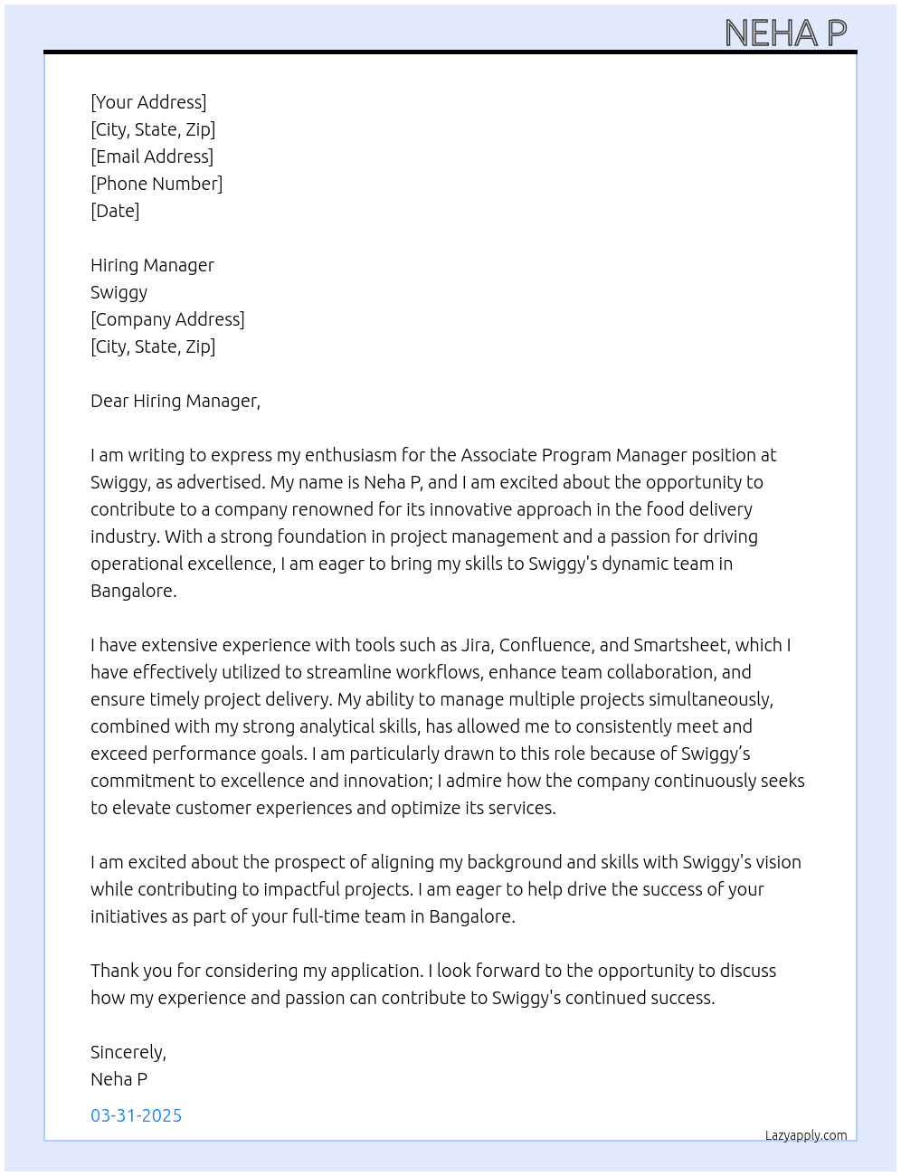 Cover letter for associate program manager - LazyApply