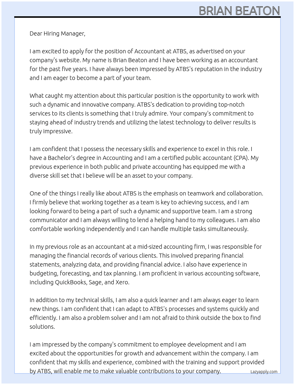 Accountant At ATBS Cover Letter