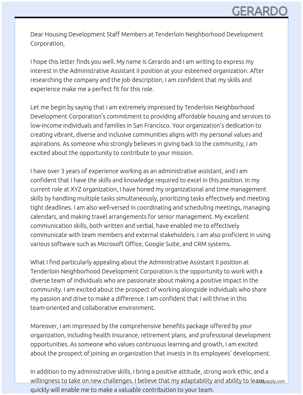 Administrative Assistant II At Tenderloin Neighborhood Development Corporation Cover Letter