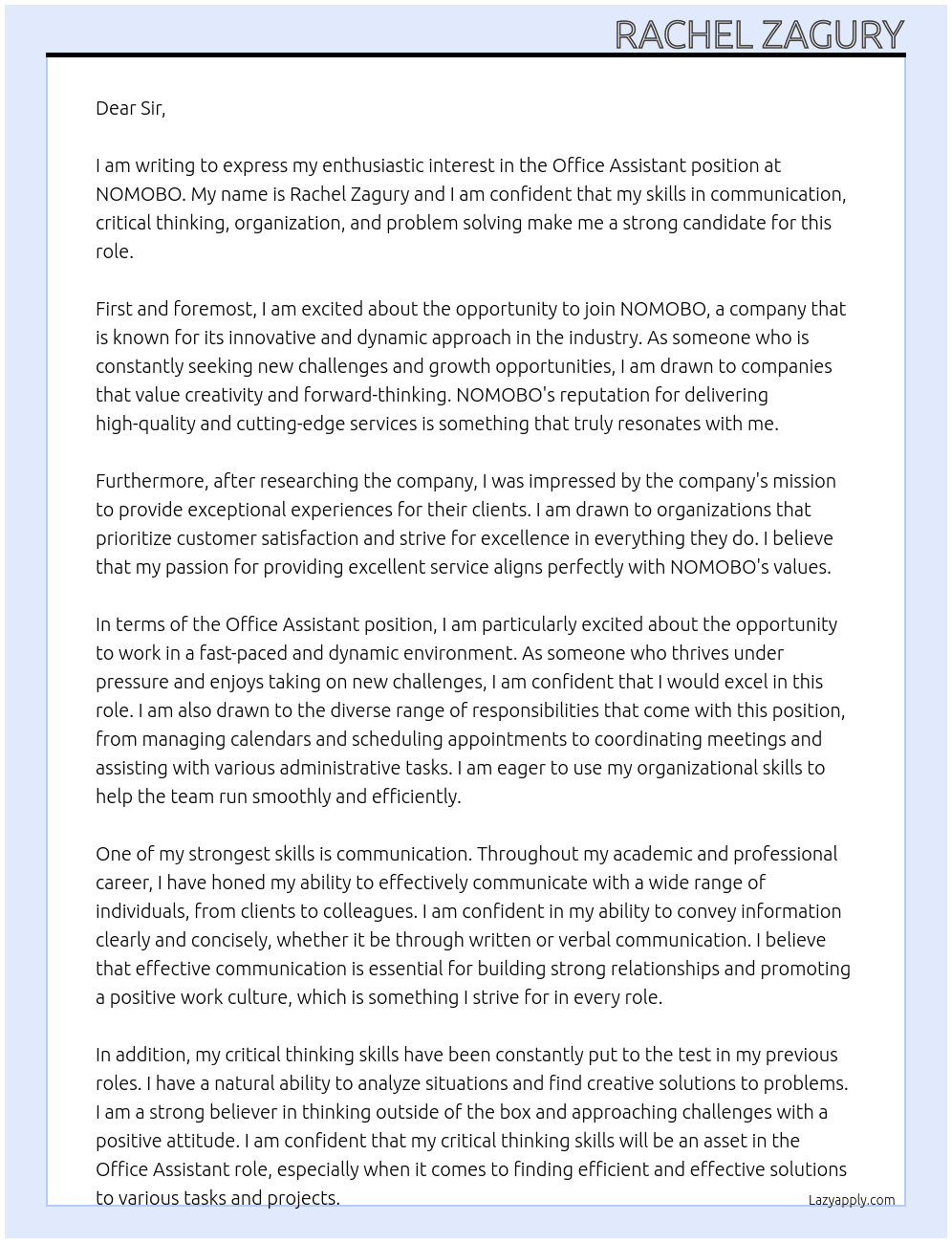 Office Assistant  At NOMOBO Cover Letter