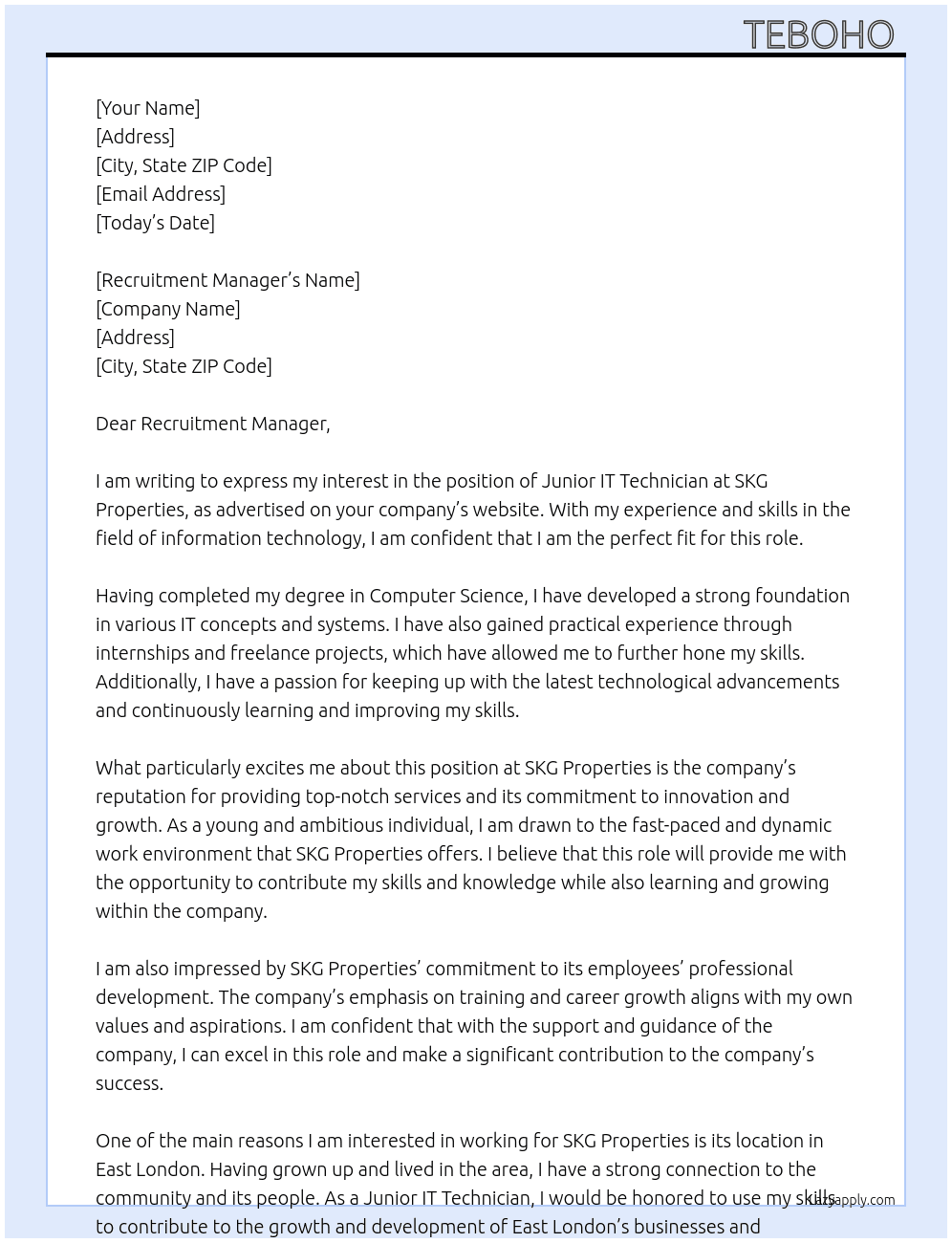 Junior IT Technician  At SKG Properties  Cover Letter