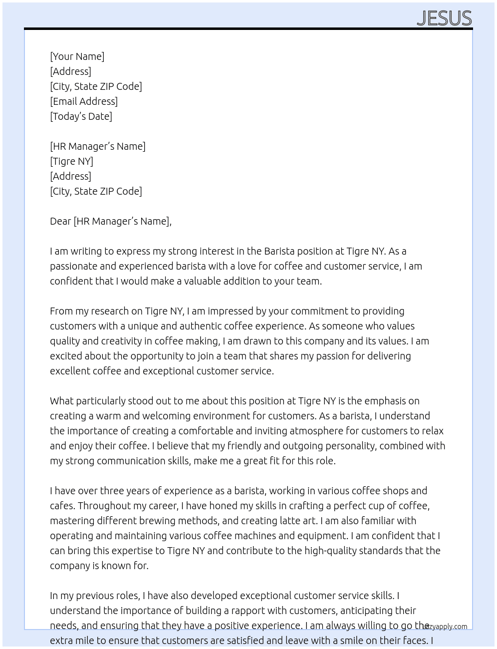 Barista At Tigre NY Cover Letter
