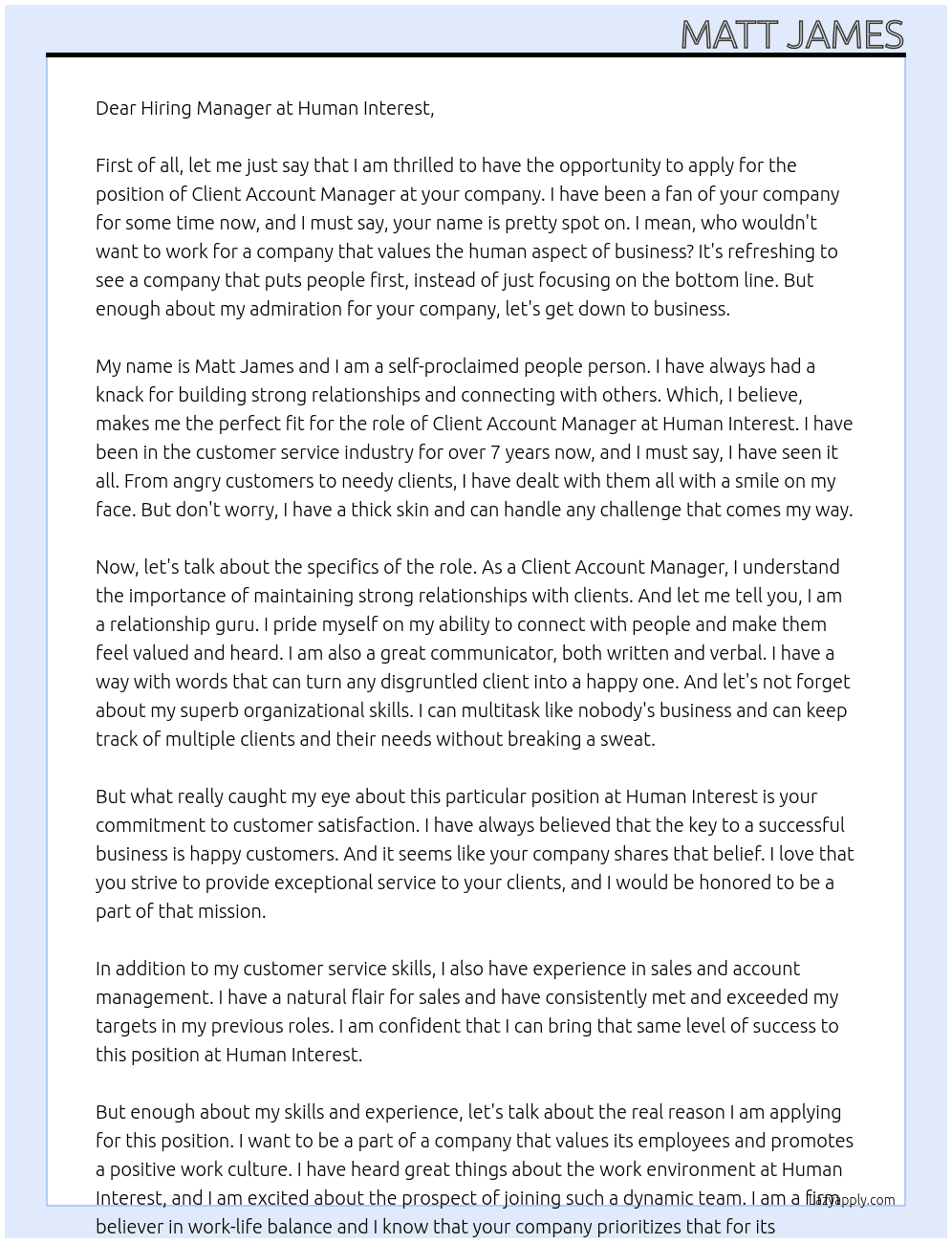 Client Account Manager At Human Interest Cover Letter
