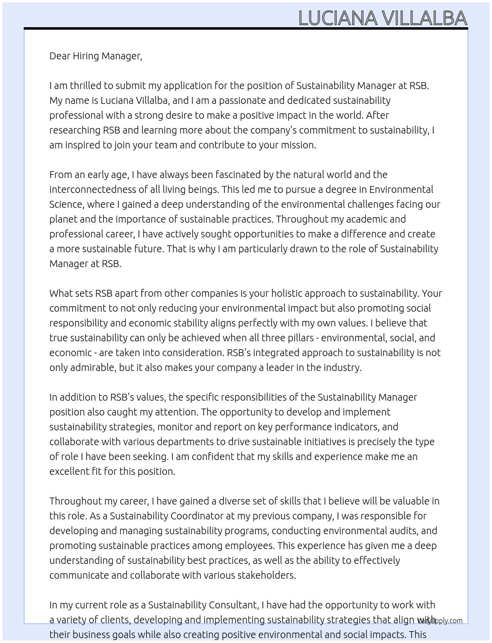 Sustainability Manager At RSB Cover Letter