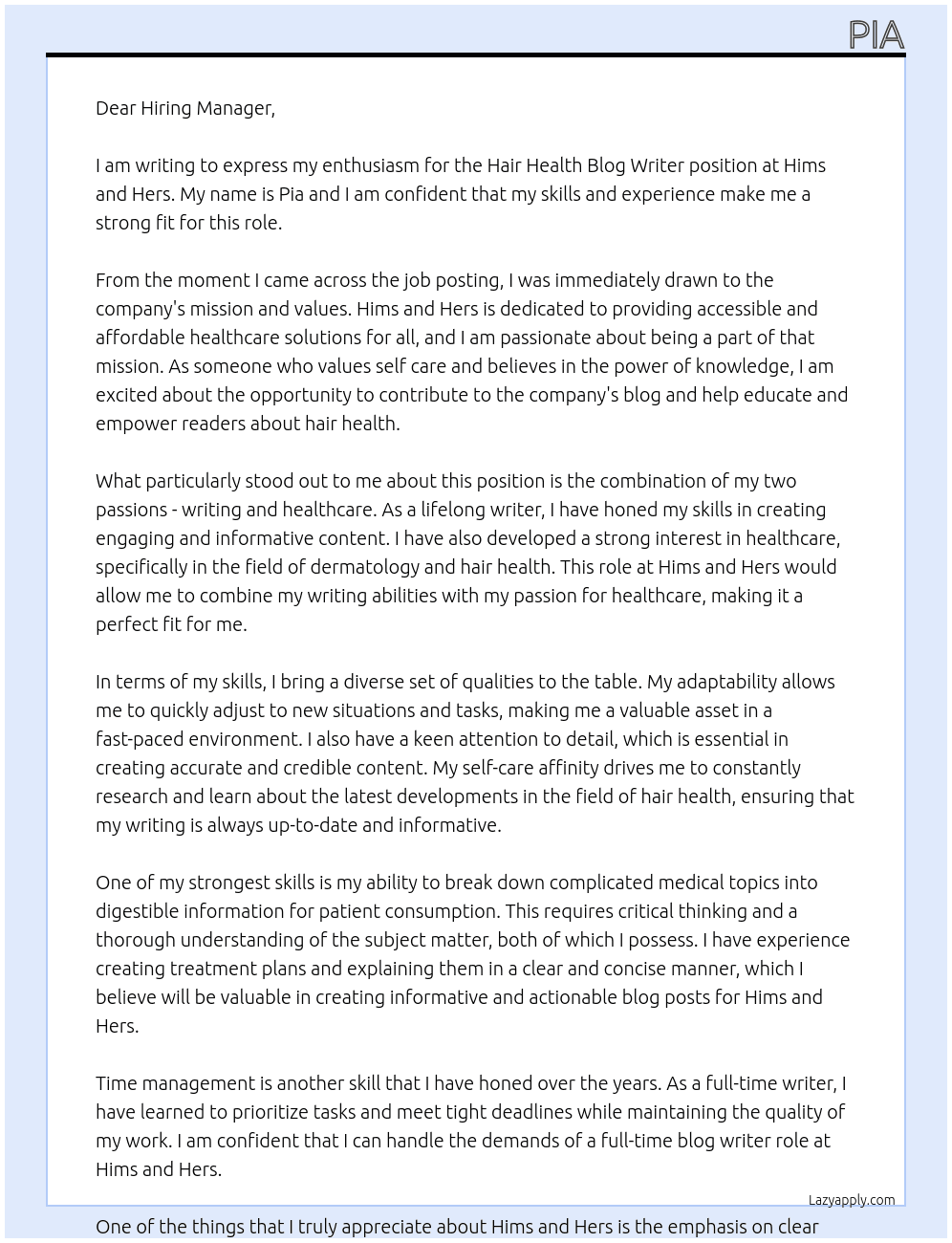 Hair Health Blog Writer At Hims and Hers Cover Letter