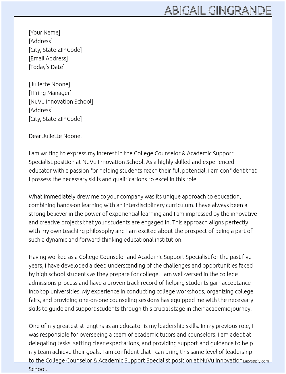 College Counselor & Academic Support Specialist At NuVu Innovation School Cover Letter