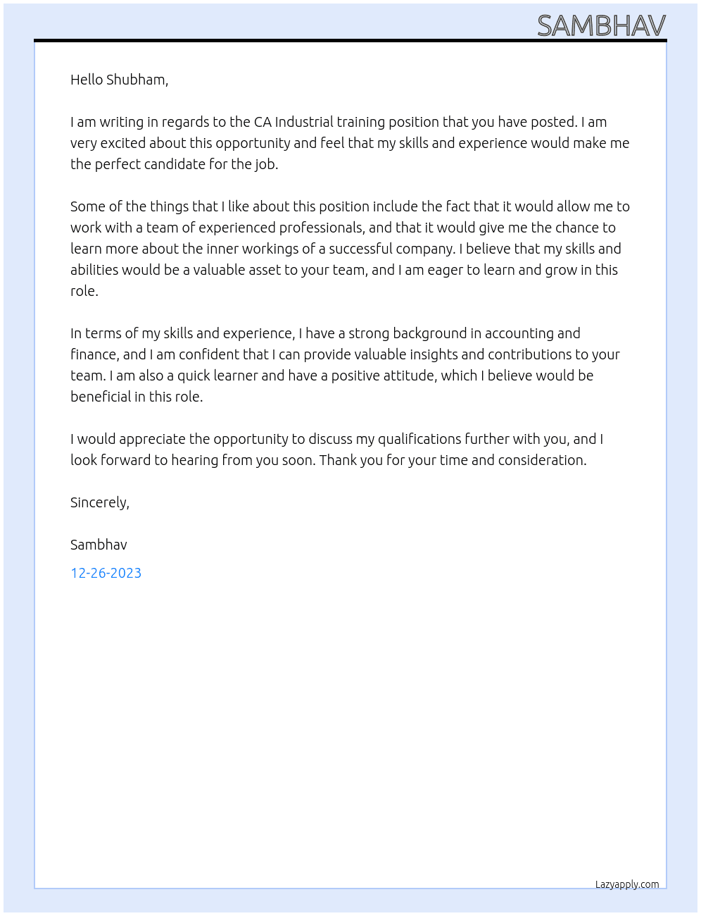 CA Industrial training At Groww Cover Letter