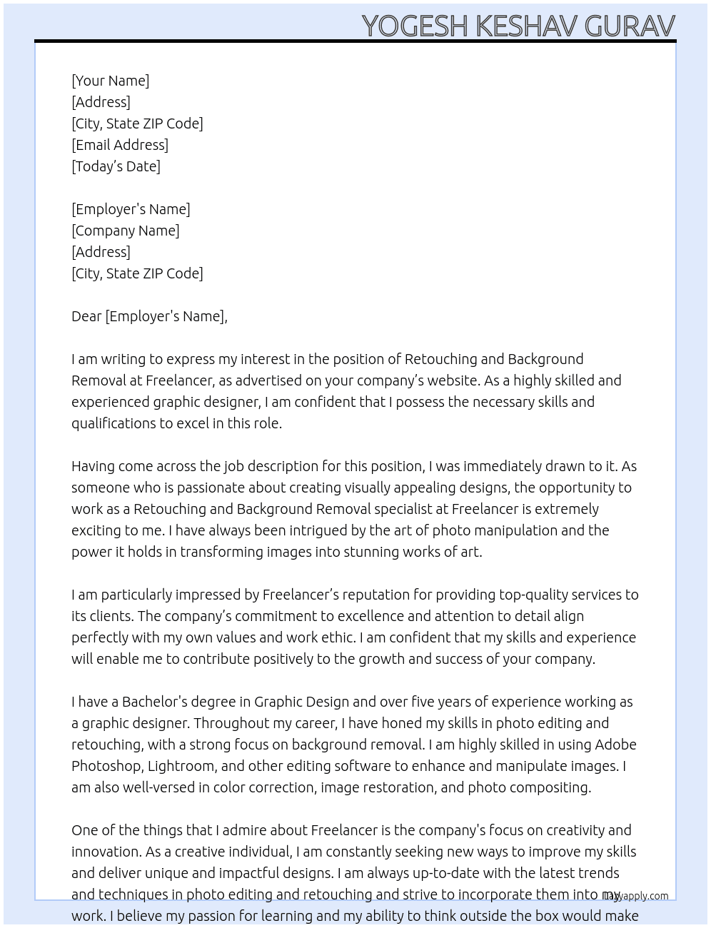 Retouching and Background remove At Freelancer Cover Letter