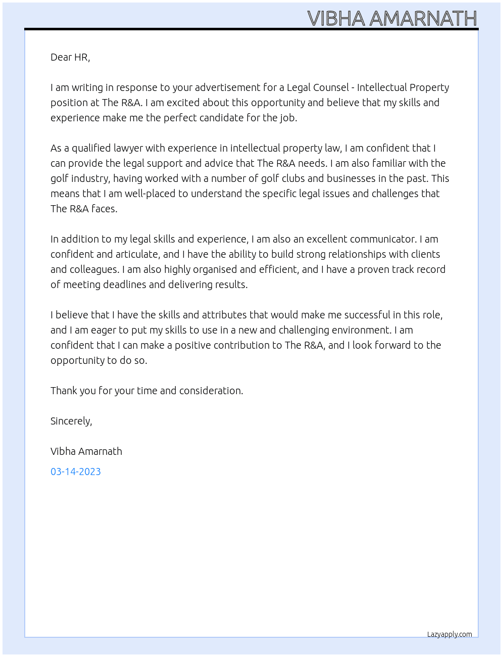 Legal Counsel - Intellectual Property At The R&A Cover Letter