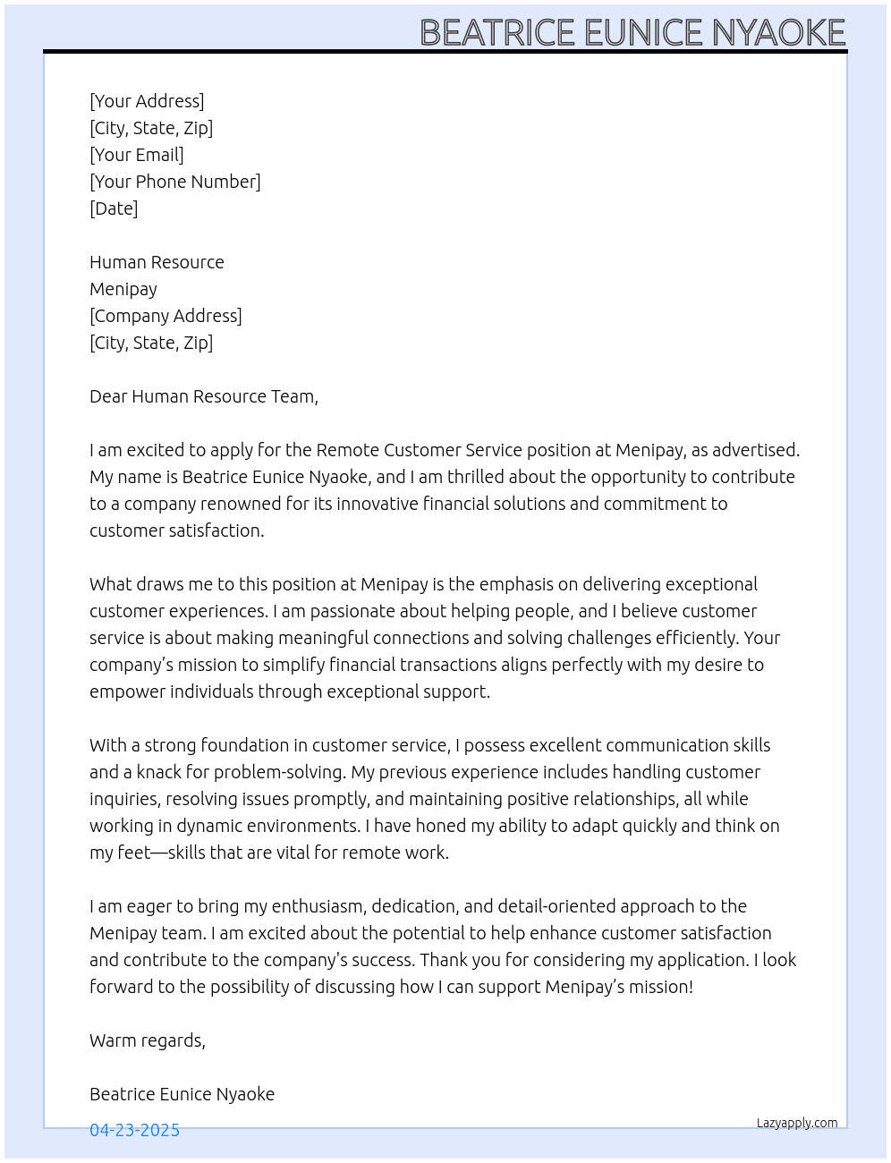 Remote customer service  At Menipay Cover Letter