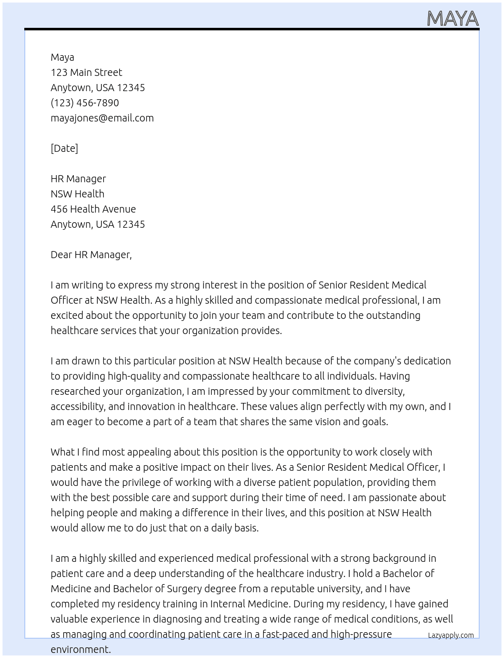 Senior Resident Medical Officer At NSW Health Cover Letter