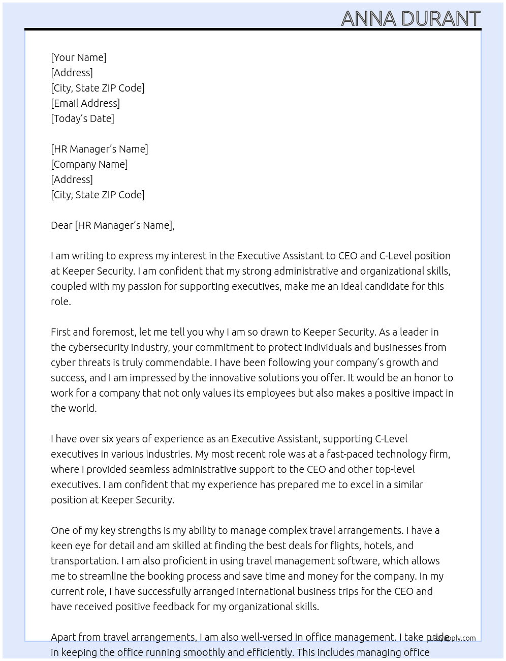 executive assistant to ceo and c level At Keeper Security Cover Letter