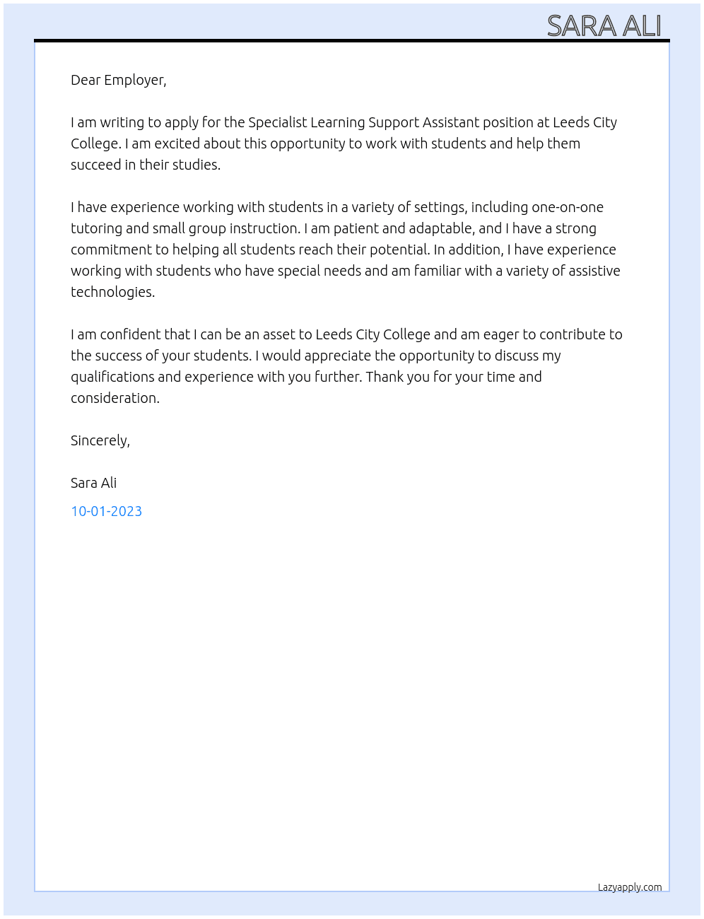Specialist Learning Support Assistant At Leeds City College Cover Letter