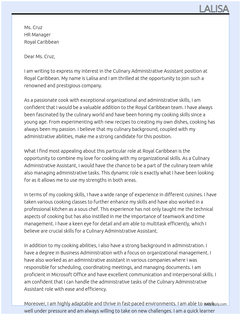 Culinary administrative assistant At Royal Caribbean Cover Letter
