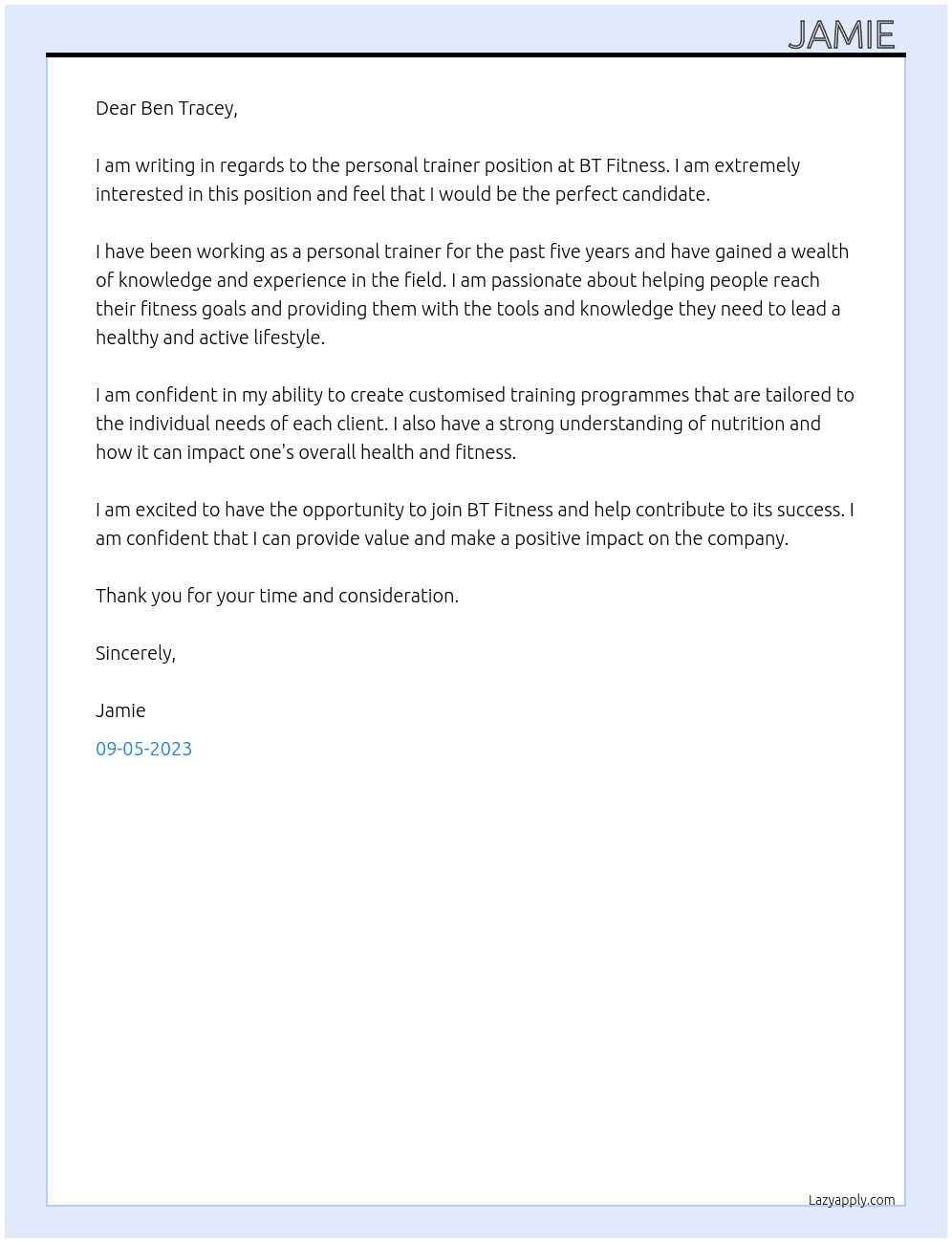 personal trainer  At bt fitness  Cover Letter