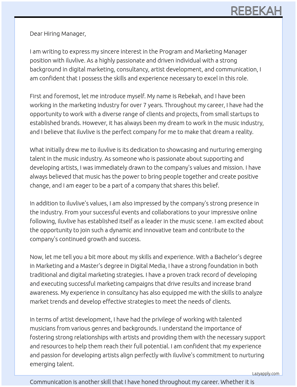 PROGRAMME AND MARKETING MANAGER At iluvlive Cover Letter