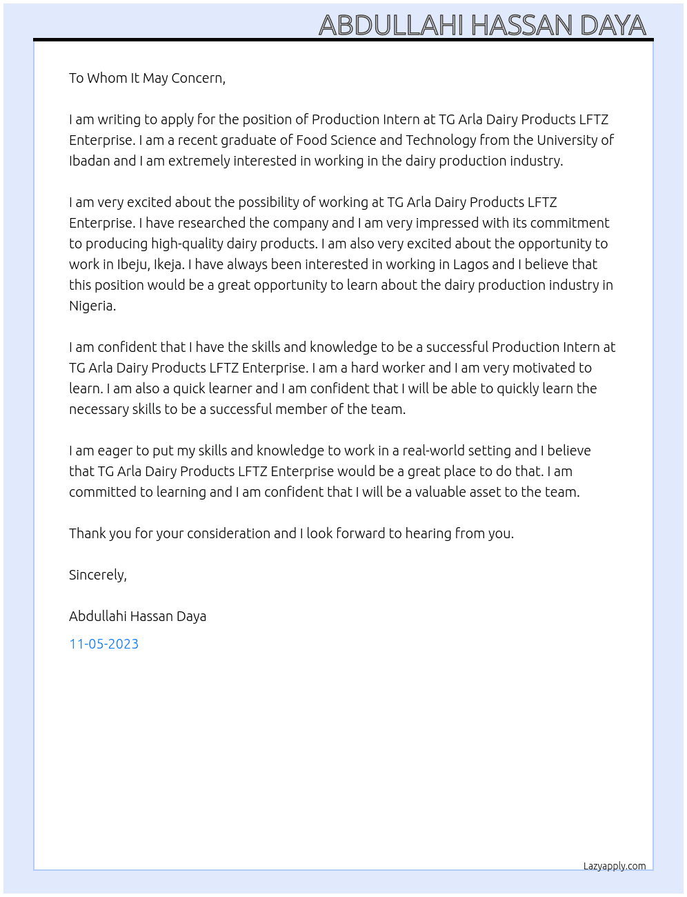 Production Intern  At TG Arla Dairy Products  LFTZ Enterprise  Cover Letter
