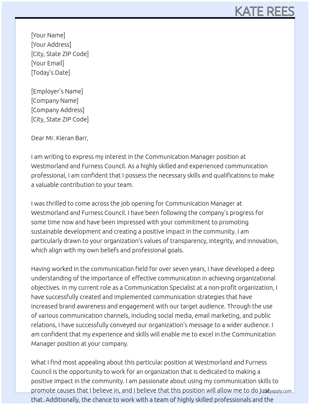 Communication manager At Westmorland and Furness Council Cover Letter