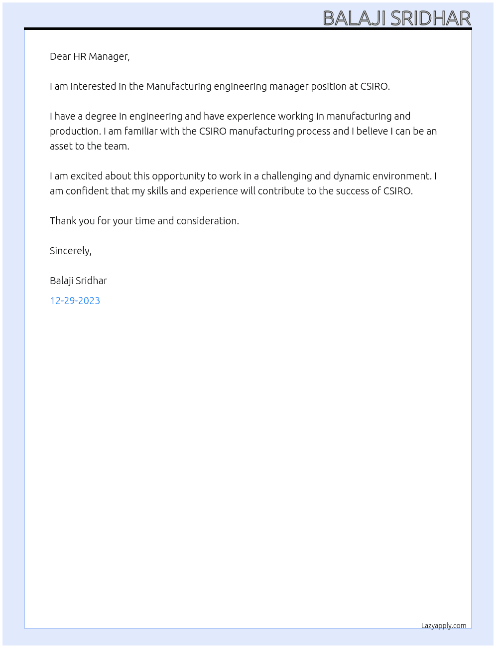 Manufacturing engineering manager At CSIRO Cover Letter