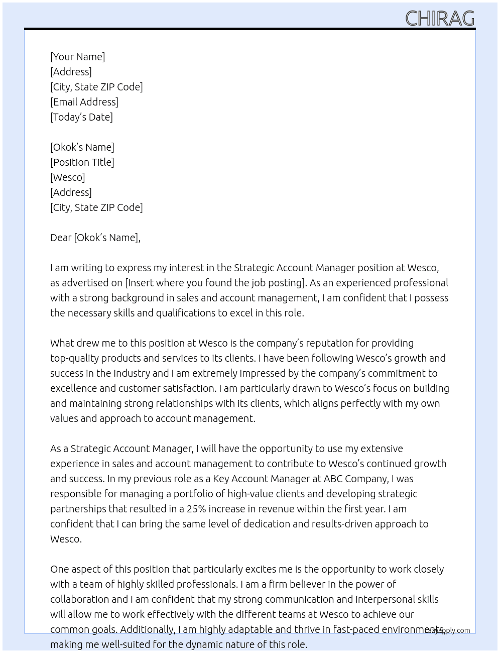 strategic account manager At Wesco Cover Letter