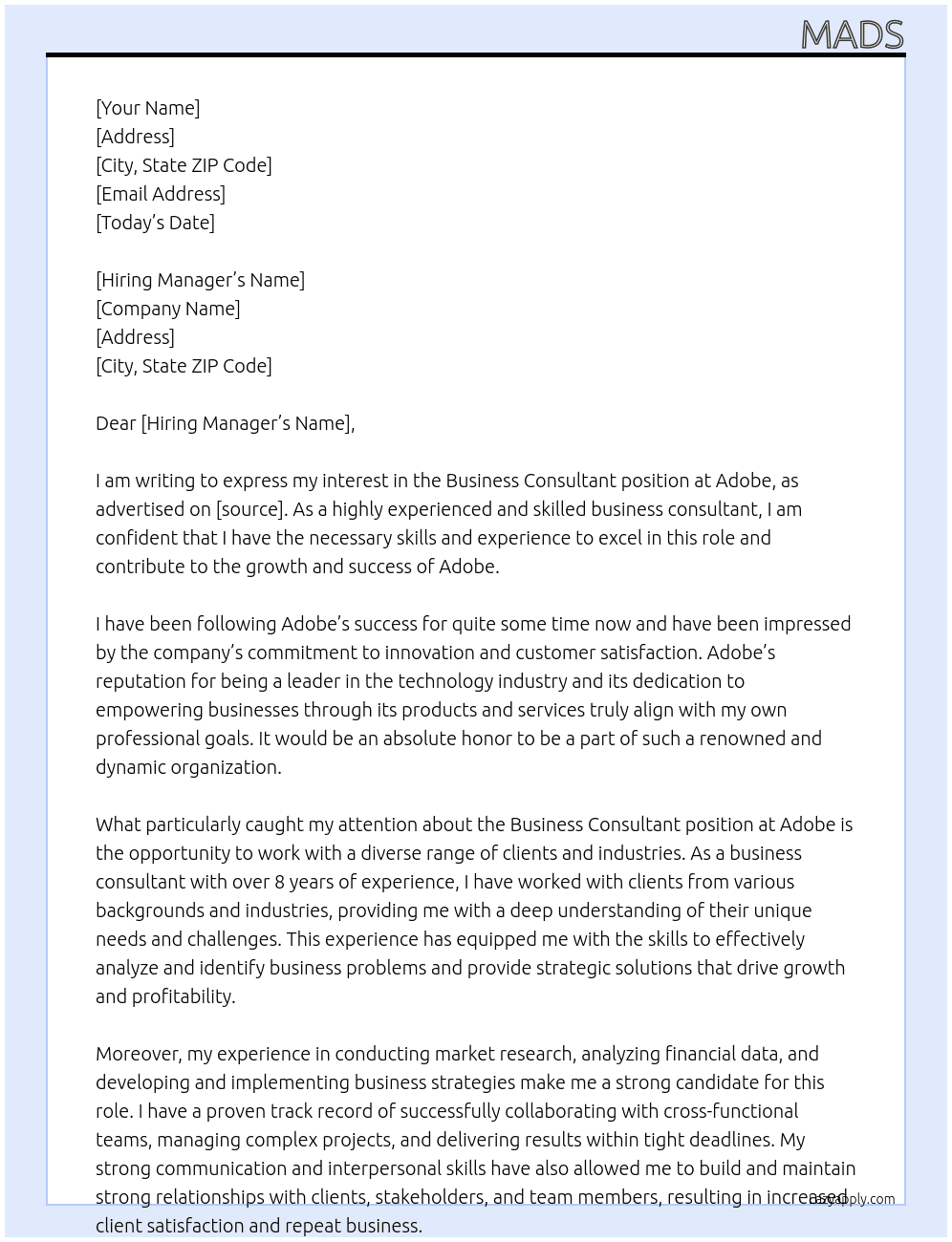 business consultant At adobe Cover Letter
