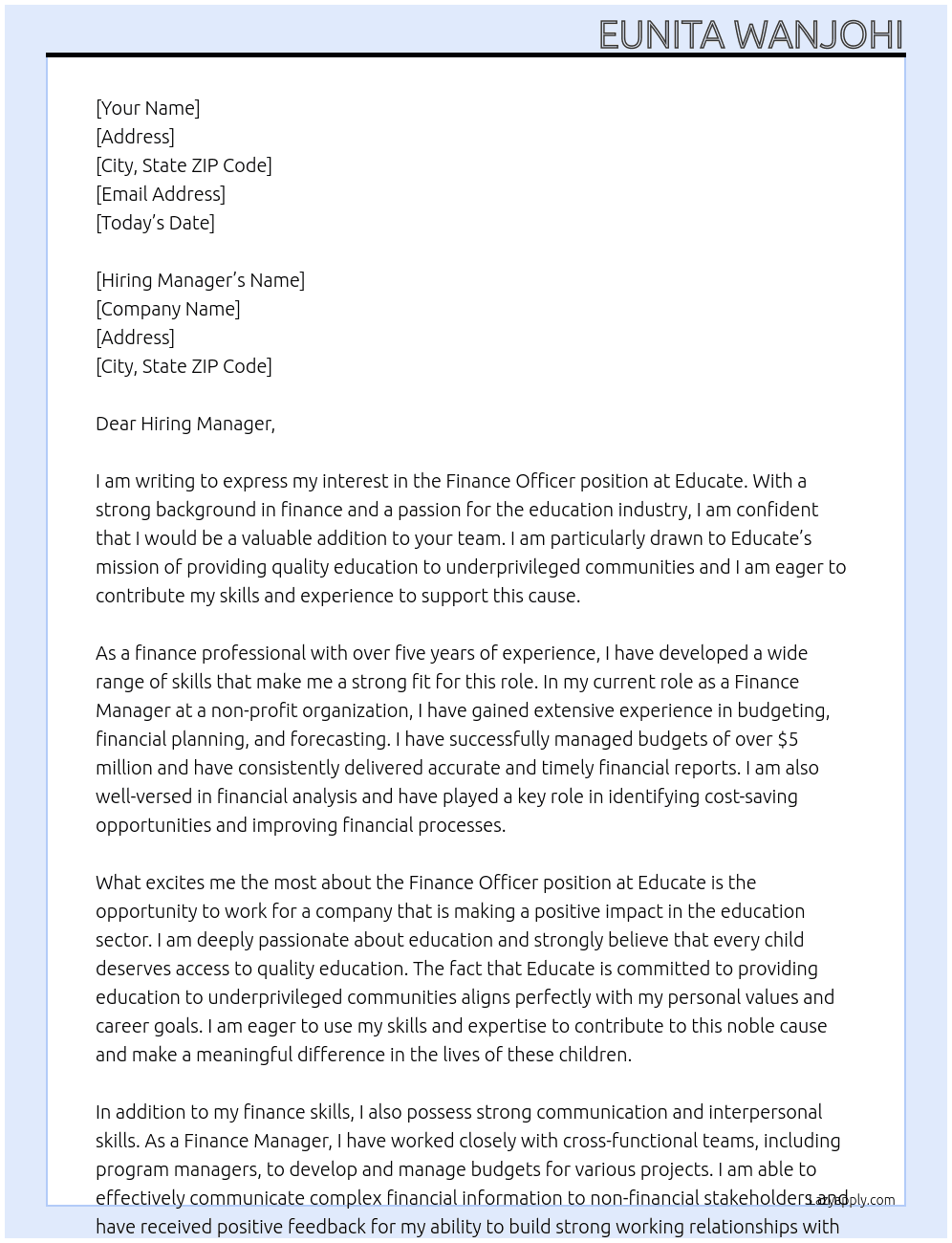 Finance Officer  At Educate Cover Letter