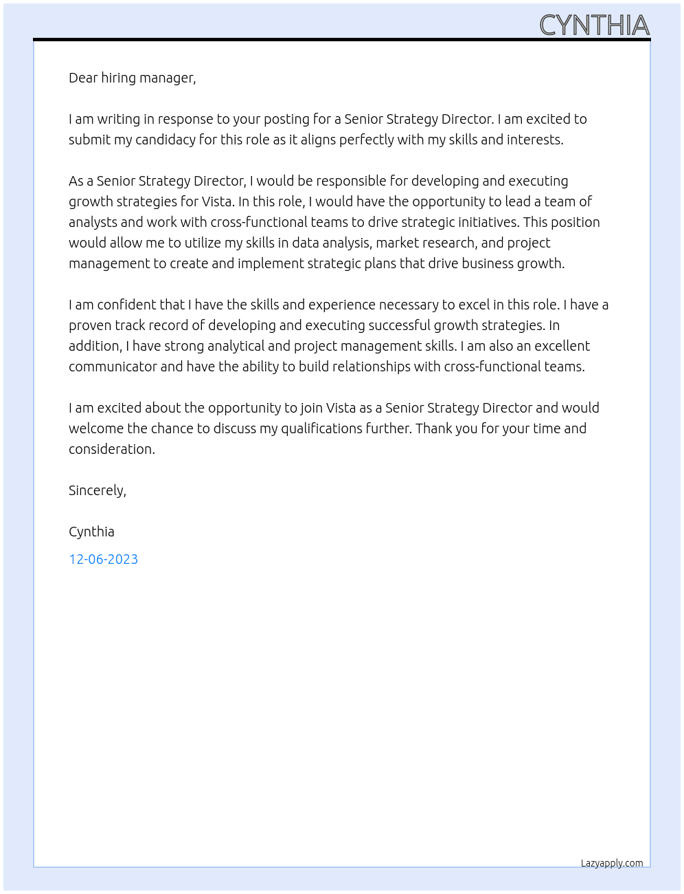 Senior Strategy Director At Vista Cover Letter