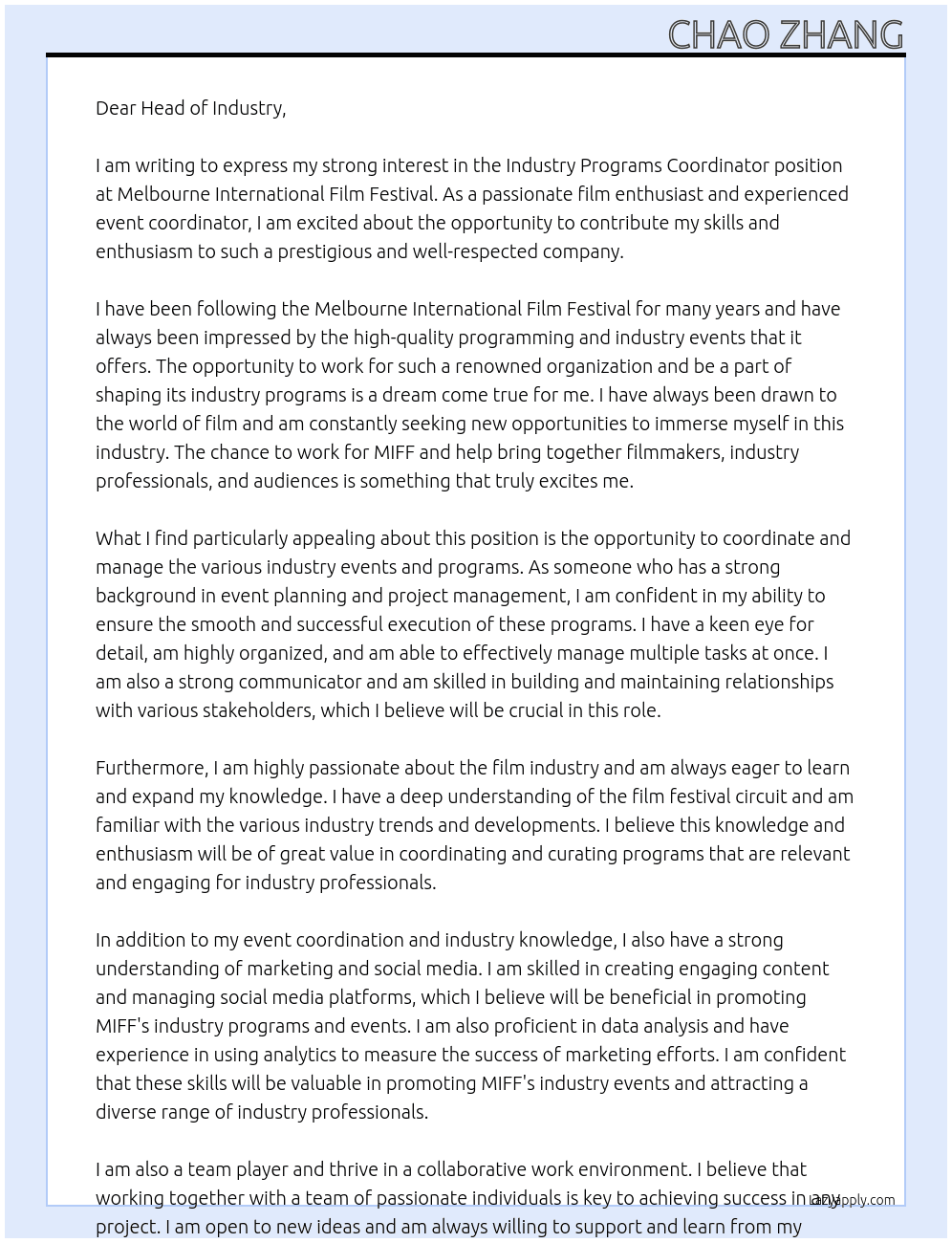 Industry Programs Coordinator At Melbourne internation film festival  Cover Letter