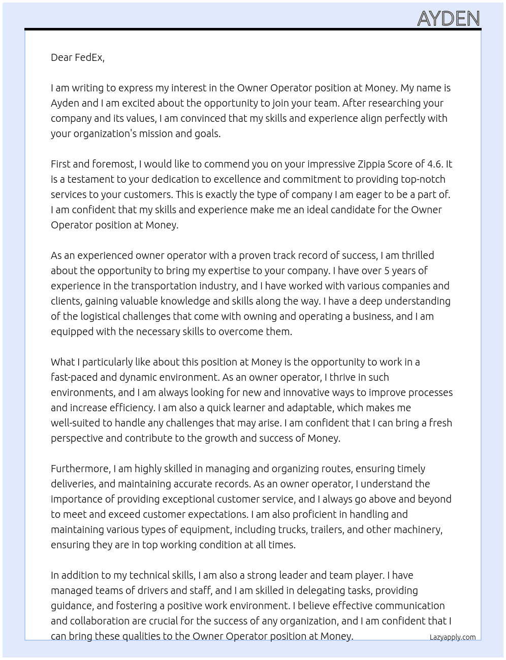 owner operator At money Cover Letter