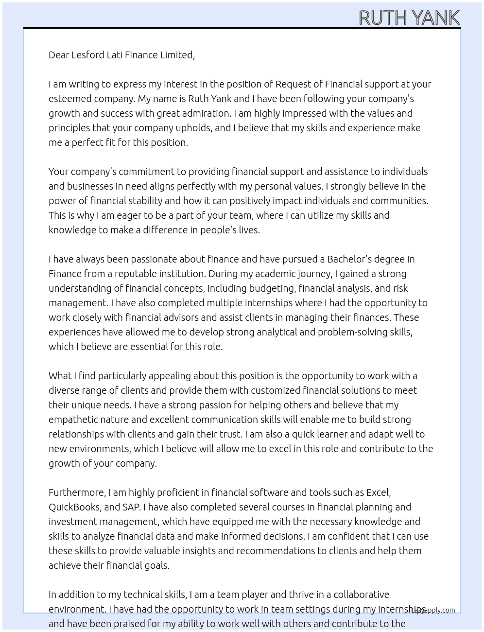 Request of Financial support At Lesford Lati Finance Limited Cover Letter