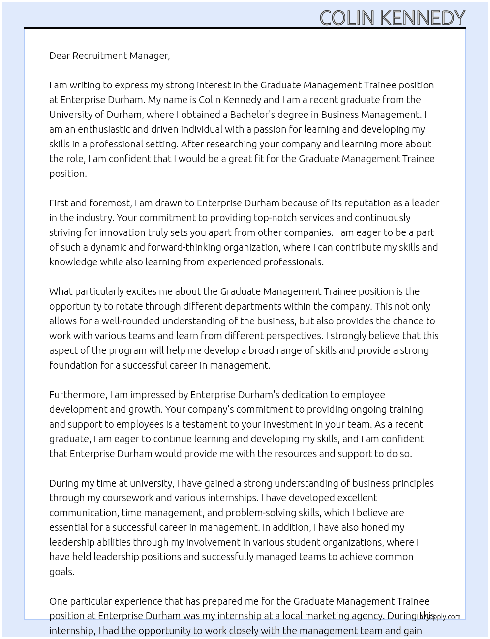 Graduate Management Trainee At Enterprise Durham Cover Letter