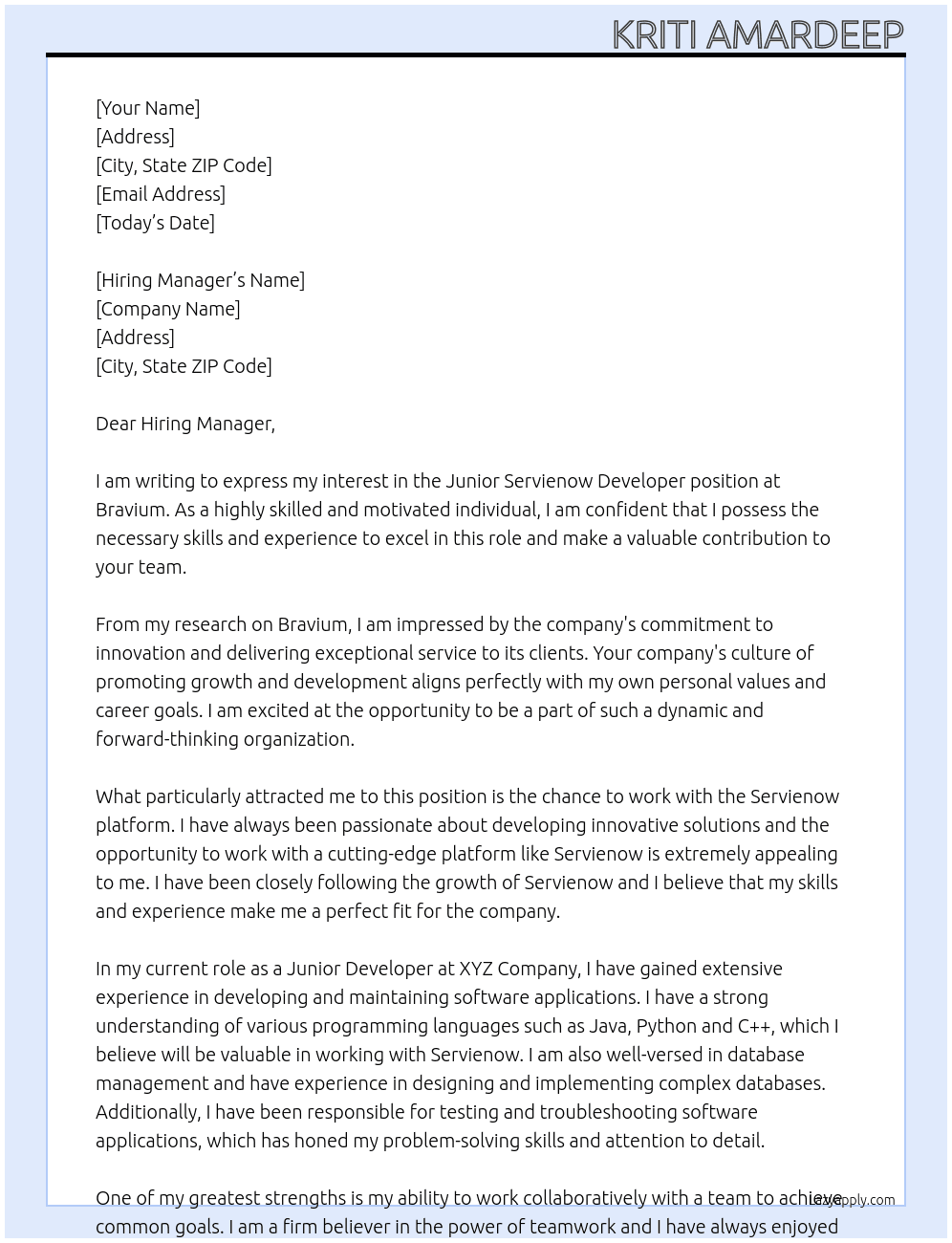 Junior Servienow Developer At Bravium Cover Letter