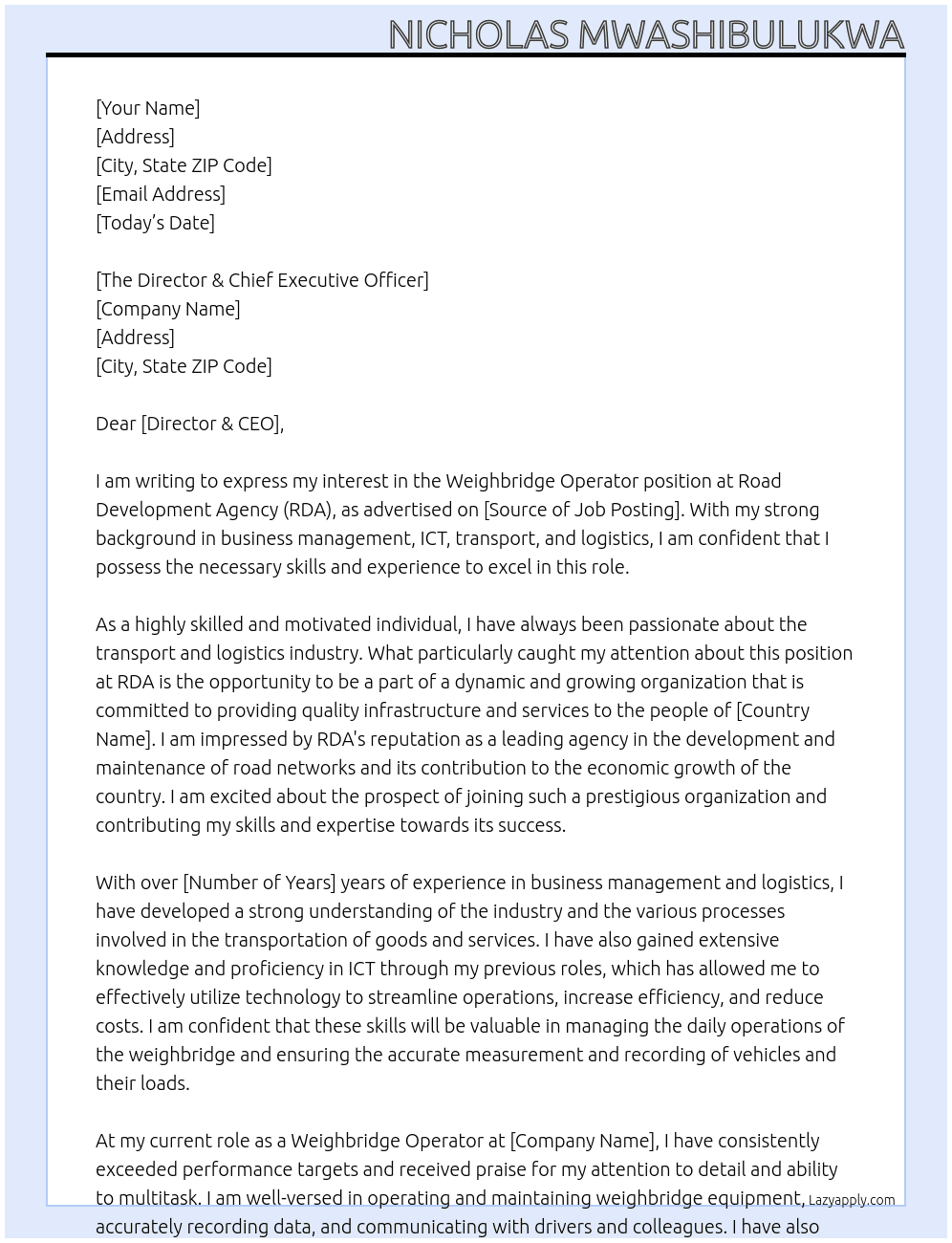 Weighbridge Operator - RDA At Road Development Agency Cover Letter