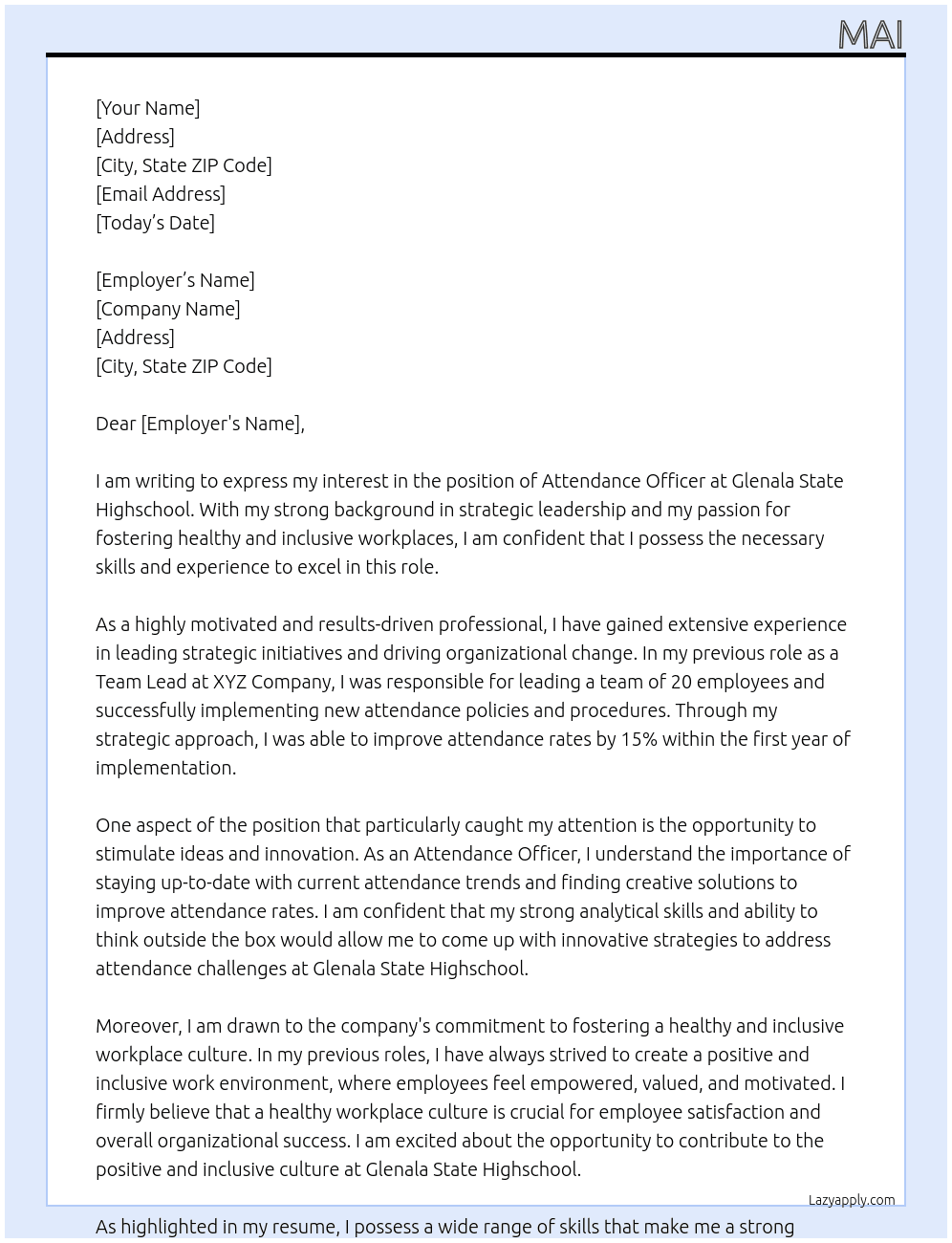 Attendance Officer At Glenala State Highschool Cover Letter