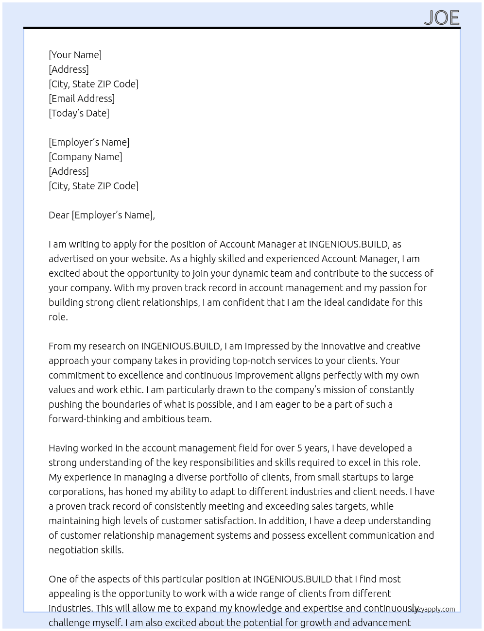 Account Manager At INGENIOUS.BUILD Cover Letter
