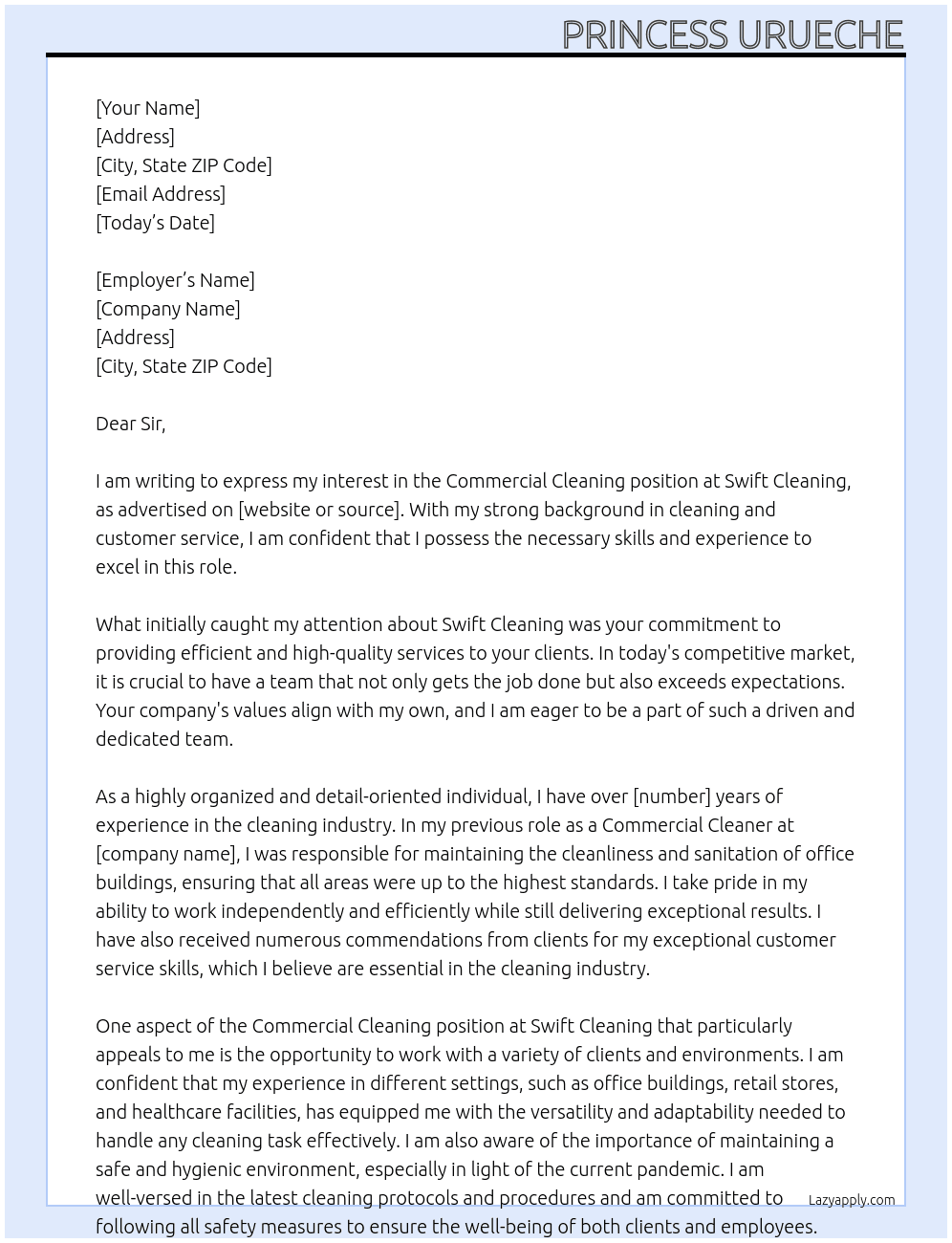 Commercial Cleaning  At Swift cleaning  Cover Letter