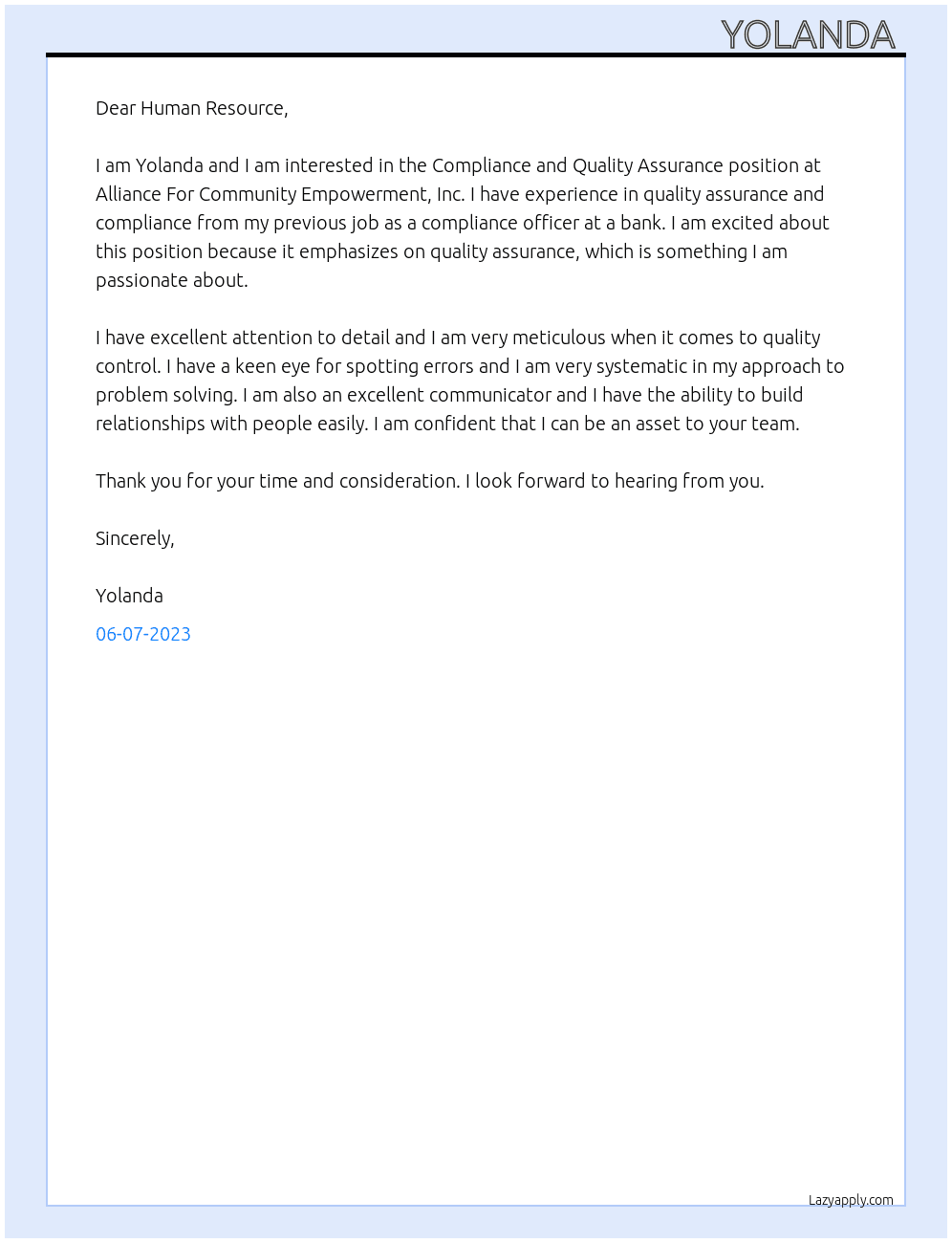 Compliance and Quality Assurance At Alliance For Community Empowerment, Inc. Cover Letter