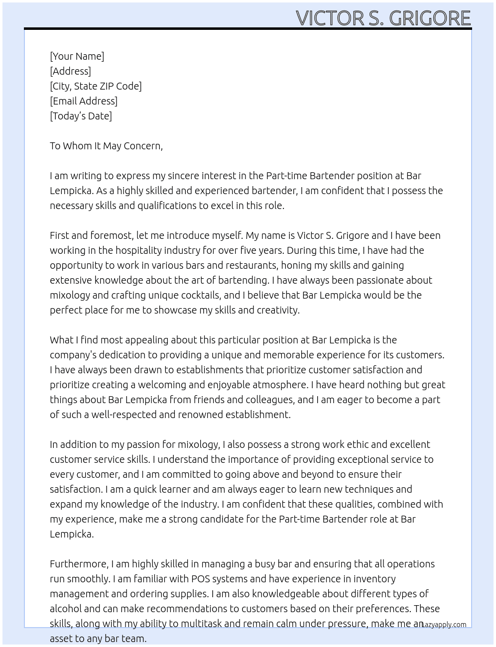 Part-time Bartender At Bar Lempicka Cover Letter