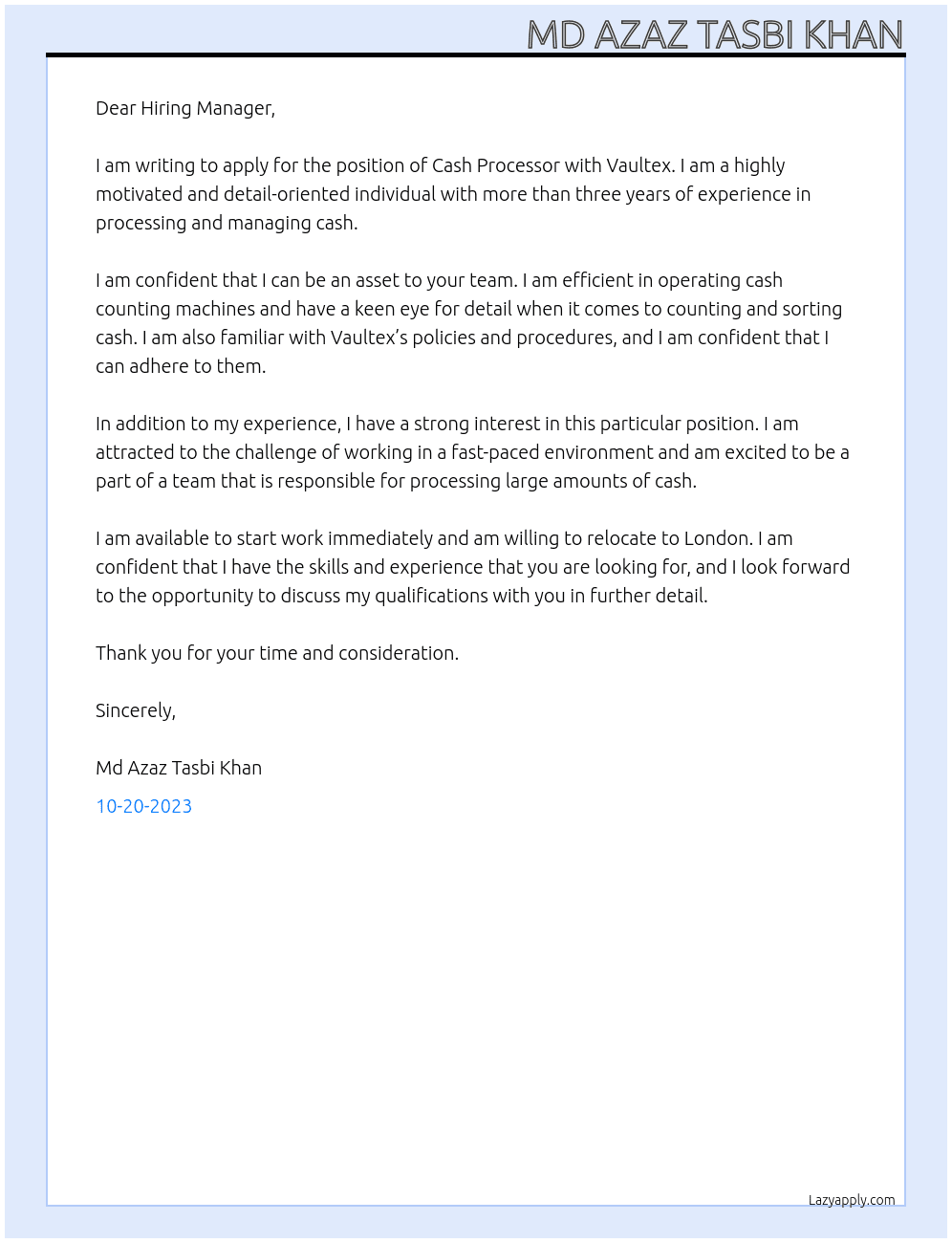 Cash Processor  At Vaultex Cover Letter