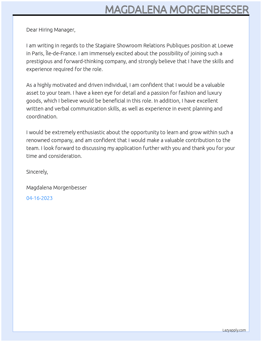 Stagiaire Showroom Relations Publiques  At Loewe Cover Letter