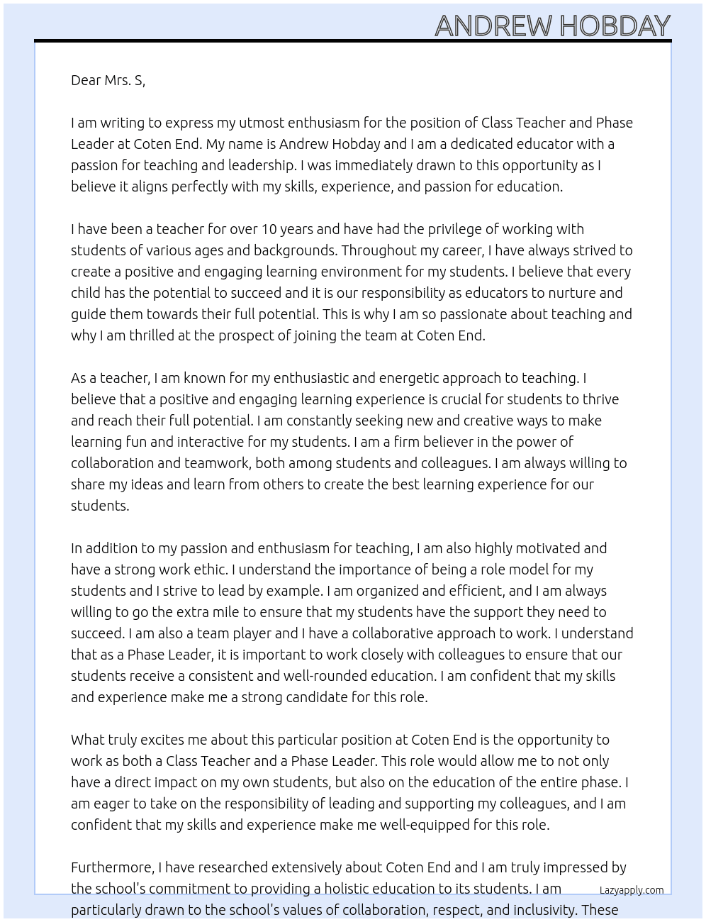 Class Teacher and Phase Leader At Coten End Cover Letter