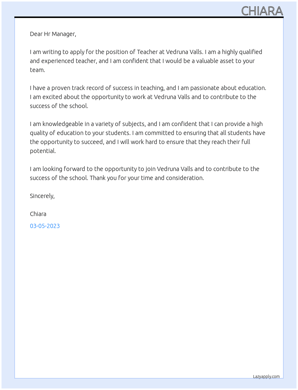 Teacher At Vedruna Valls Cover Letter