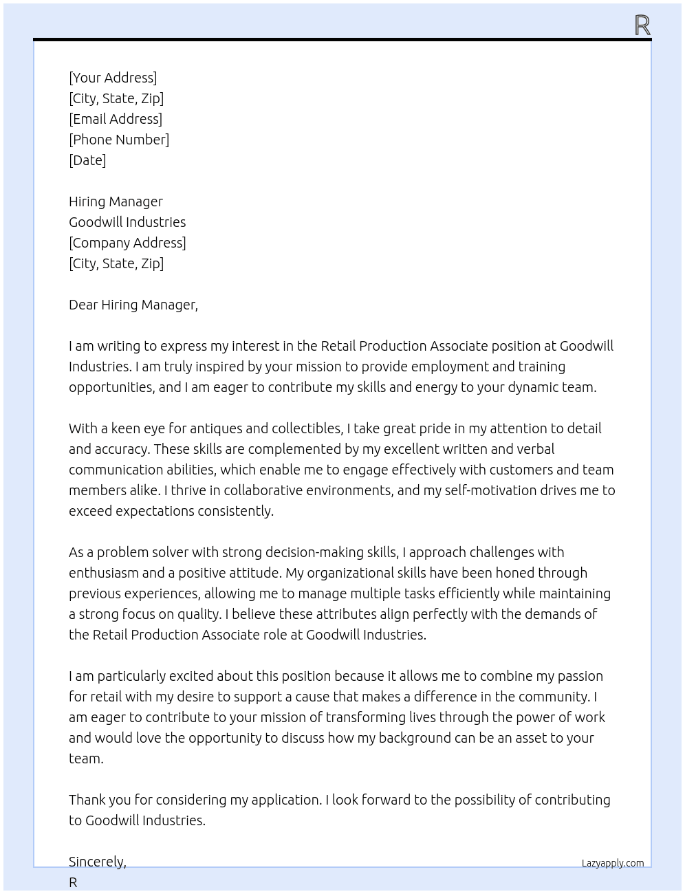 Cover letter for retail production associate - LazyApply