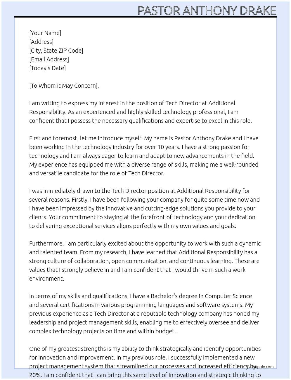 Tech Director At Additional responsibility Cover Letter