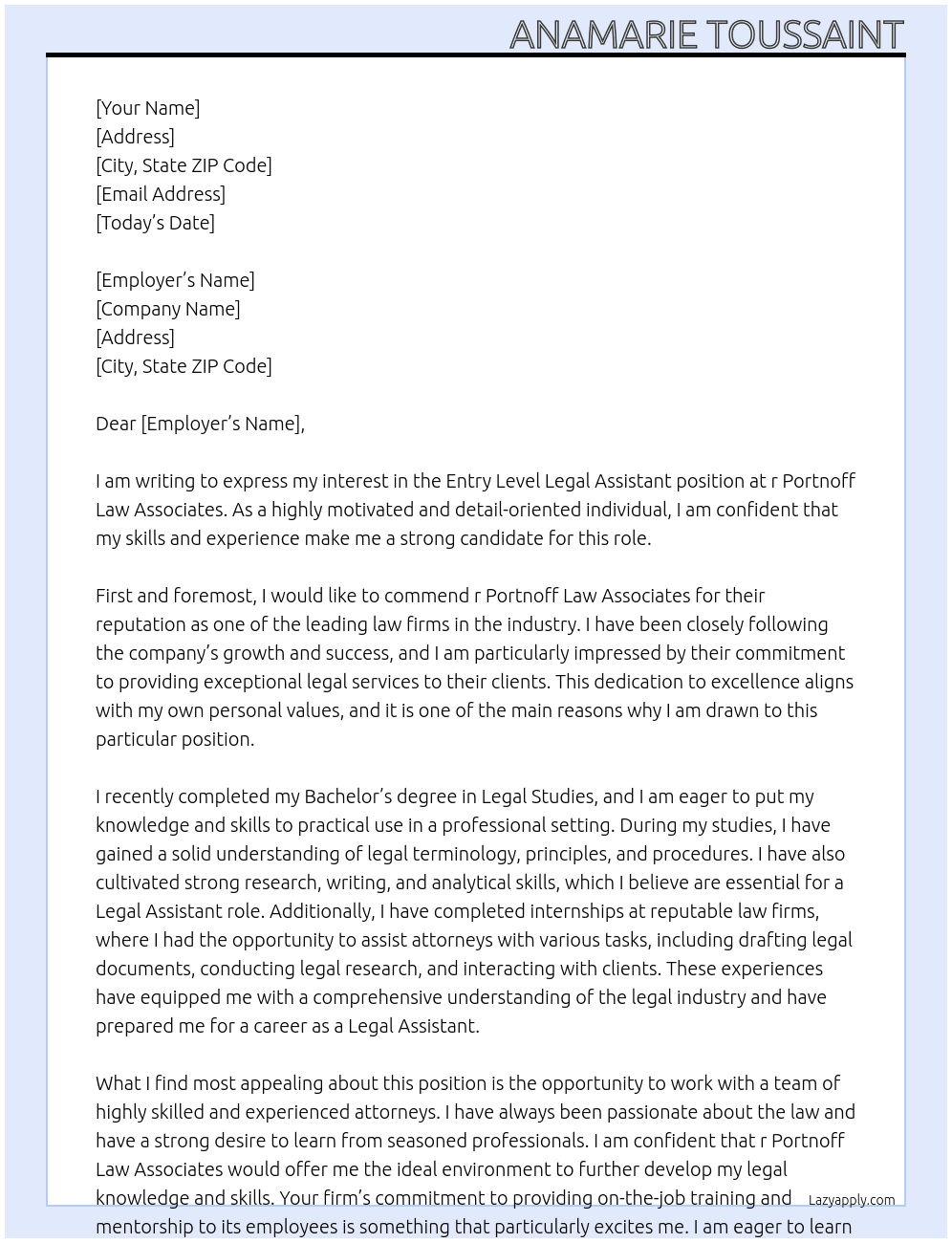 Entry Level Legal Assistant At r Portnoff Law Associates. Cover Letter