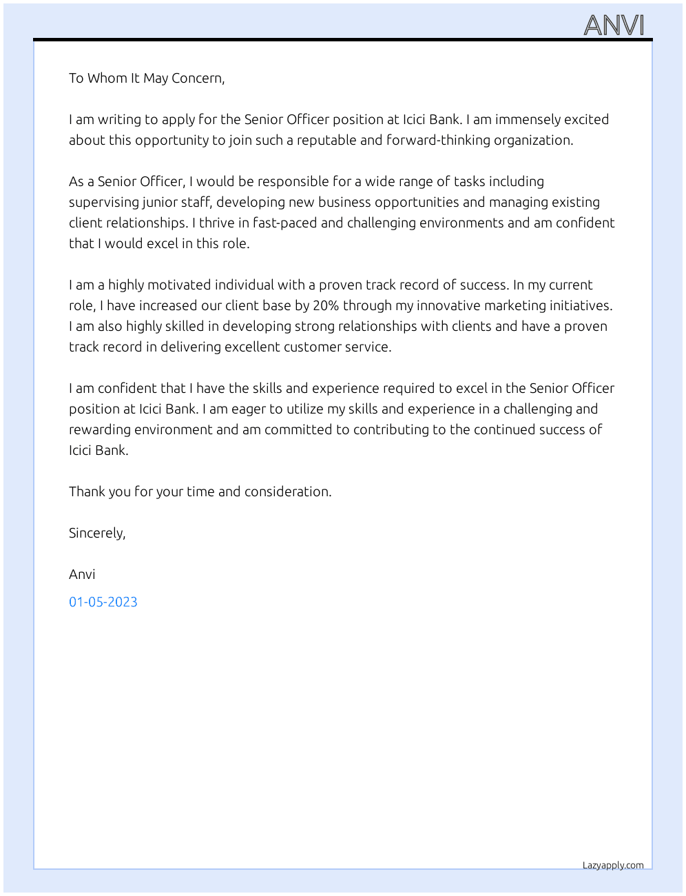 Senior officer At Icici bank Cover Letter