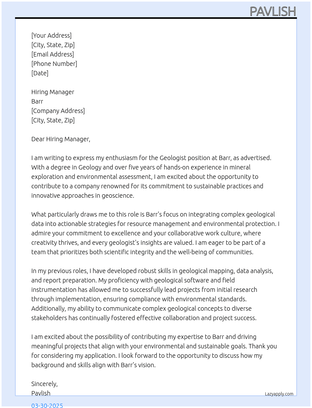geologist At Barr Cover Letter