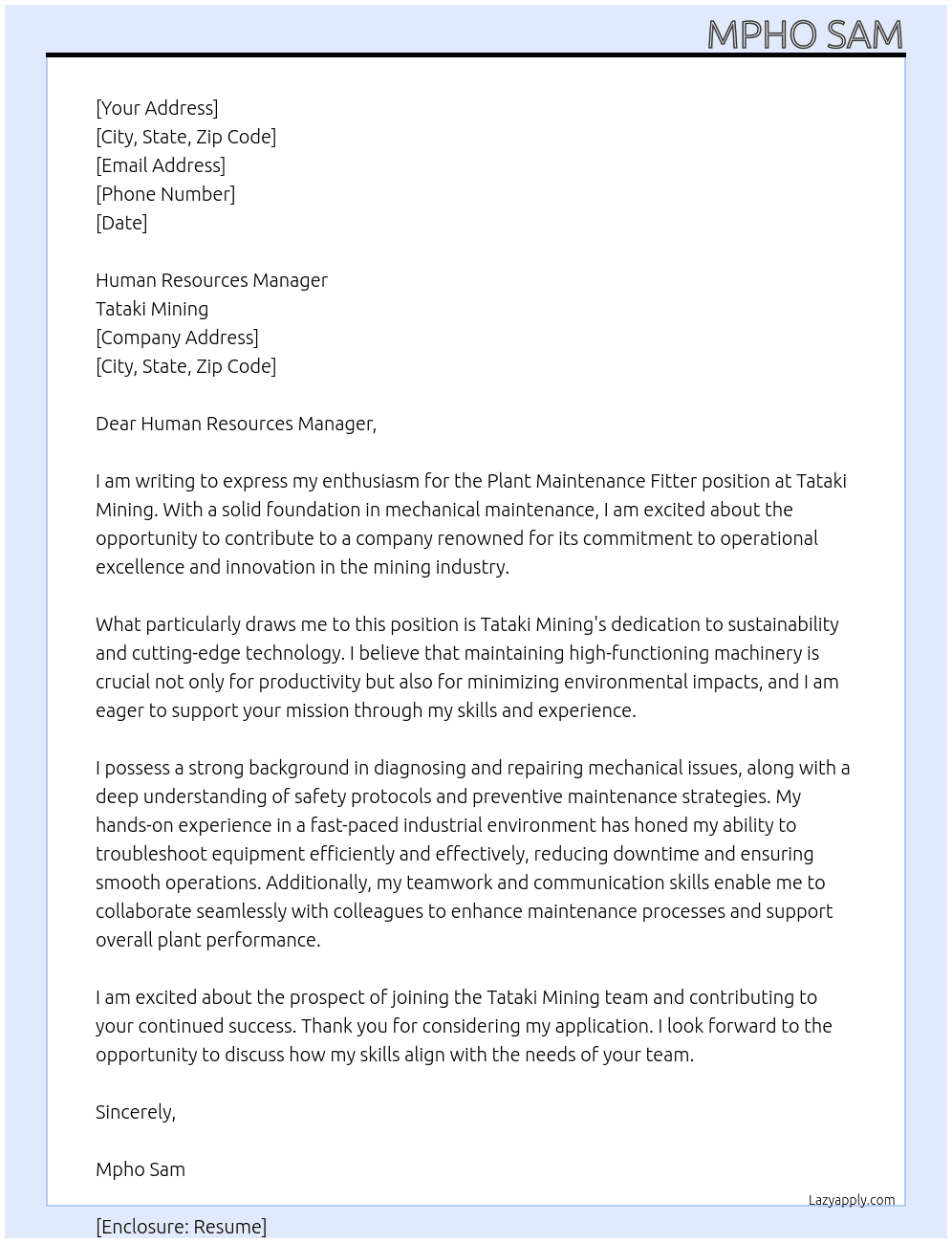 Cover letter for plant maintenance fitter - LazyApply