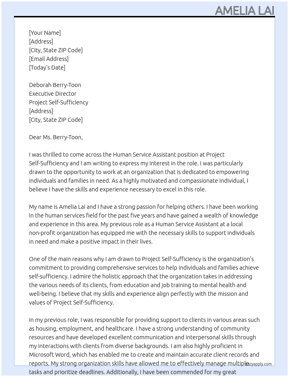 Human Service Assistant At Project Self-Sufficency Cover Letter